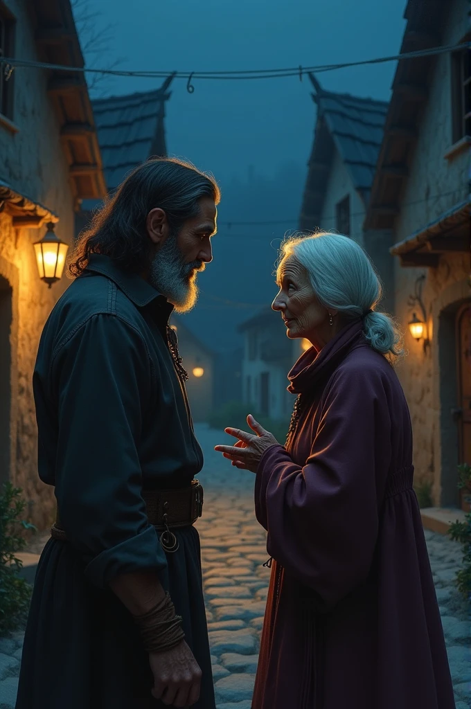 An old lady say talking to a man in village at night 