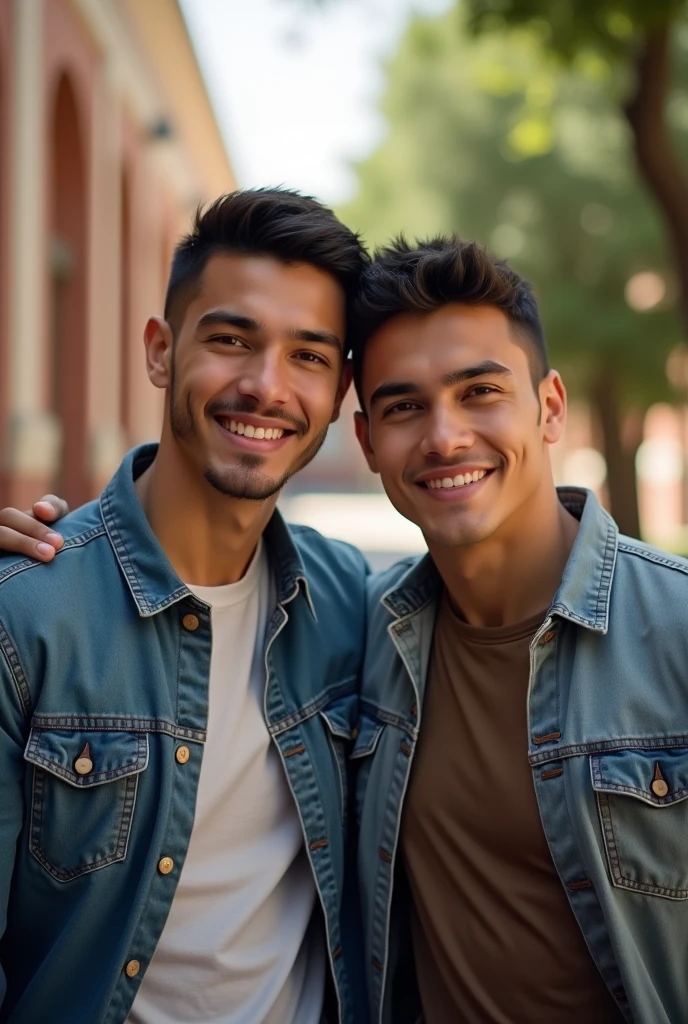(photorealism:1.2), two beautiful mans, glasses, peruvian, university, tall, short hair, "no beard", casual clothing, soft lighting, relaxed pose, realistic, intricate details, warm colors, by Greg Rutkowski, by Alphonse Mucha