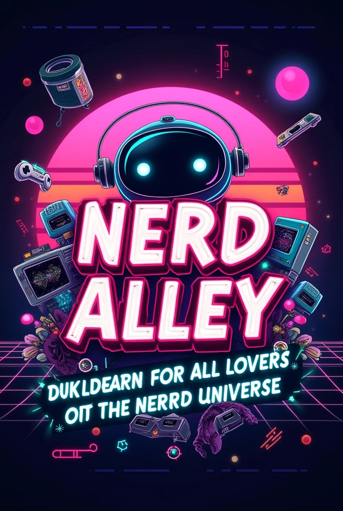 a banner with the title "nerd alley" e o slogan "a space for all lovers of the nerd universe" and with these characteristics: Paleta de cores:
neon glowing: neon pink, Green Lemon, electric blue and vibrant purple.
sharp contrast: fund escuro (Black or Navy Blue).
Typography:
Retro style: 80s fonts with 3D outlines and shadows.
Neon Effect: Letters with glitter and gradients.
Graphic elements:
Pop Culture Icons: Video game consoles, comic book characters, Geek References.
geometric forms: stele, rays and circles.
fund:
Gradients and Textures: Night sky or sunset.
Retro Grid Style: Old game patterns.
Composition:
Visual balance: Balanced distribution of elements.
Center the Message: Name “Nerd Alley” highlighted with slogan below.
Additional Effects:
Brightness and Shadow: Effects that create depth.
Mascot or Character: A stylized robot or alien.
Format and Size:
Adequate Dimensions: For example, 600x1200 px para digital.
high resolution: Avoid pixelation.