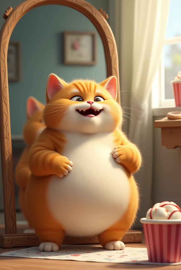(Cat),主人公のCatが、I stand in front of the mirror, gazing in amazement at my plump figure.。(There's an ice cream stain on his mouth)、In the background is a half-eaten cup of ice cream.。