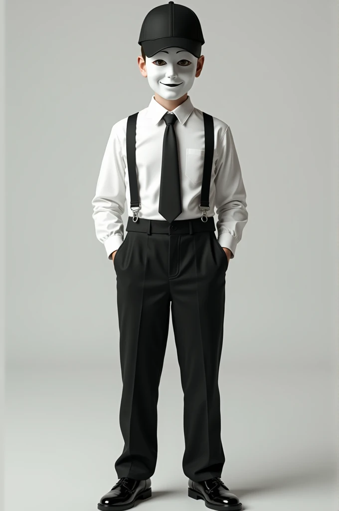Make a boy who is 175 CM tall, wear a black cap backwards a white dress shirt with black suspenders, with black tie, black dress pants, black dress shoes, and wear a white comedy mask. adult