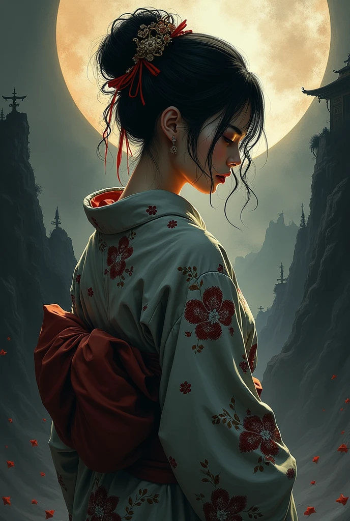 ((Highest quality)), ((masterpiece)), (detailed),One woman, Woman in yukata、Painful face、Back view、Portrait、The pattern on the yukata is Hannya、The type of yukata is Arimatsu、The background is hell