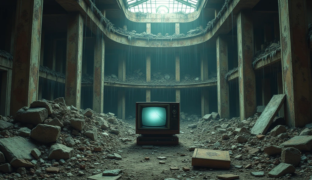 Abandoned building with an old TV、Countless piles of rubble are lying around