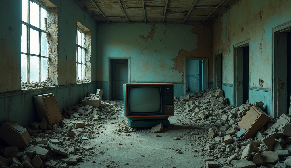 Abandoned building with an old TV、Countless piles of rubble are lying around