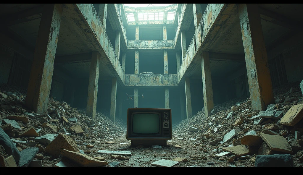Abandoned building with an old TV、Countless piles of rubble are lying around