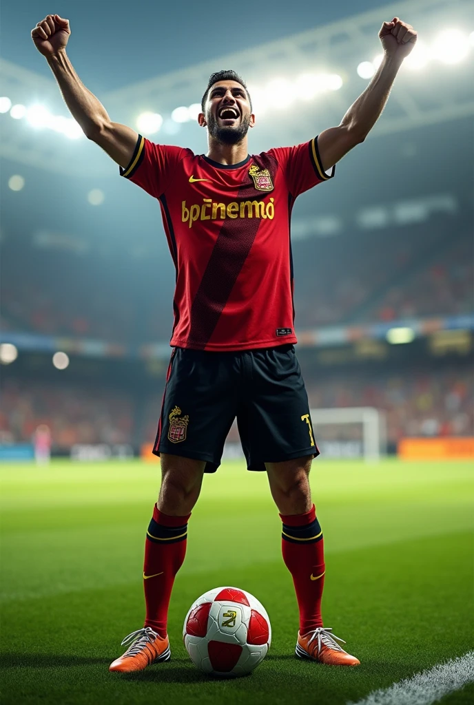 a character of 1.90 football player celebrating a goal wearing a Flamengo shirt