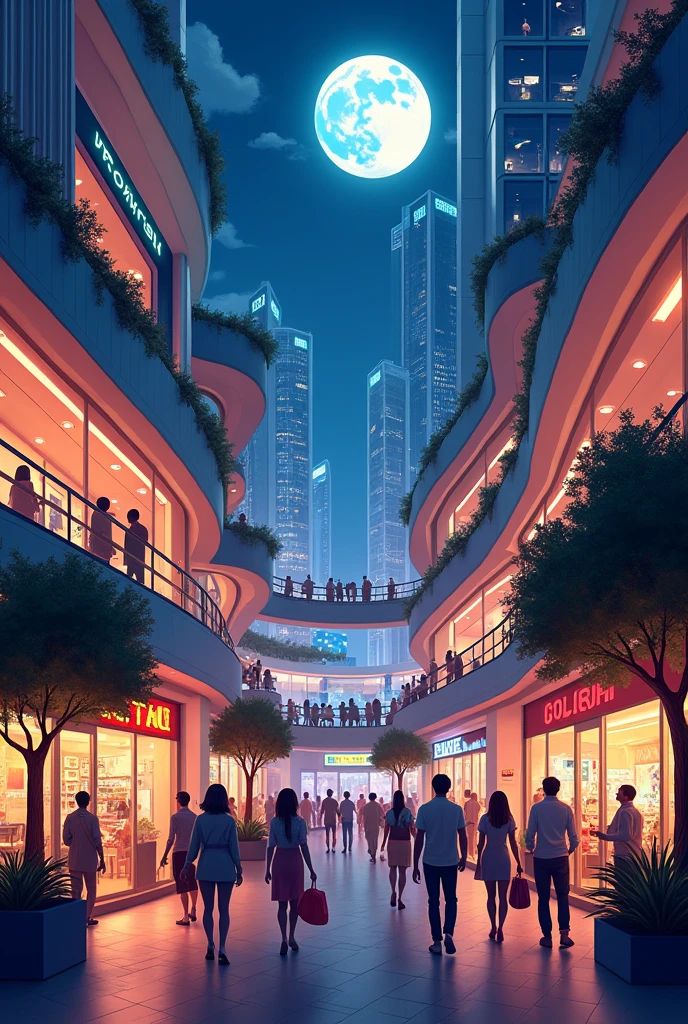 2D shopping mall scene at night