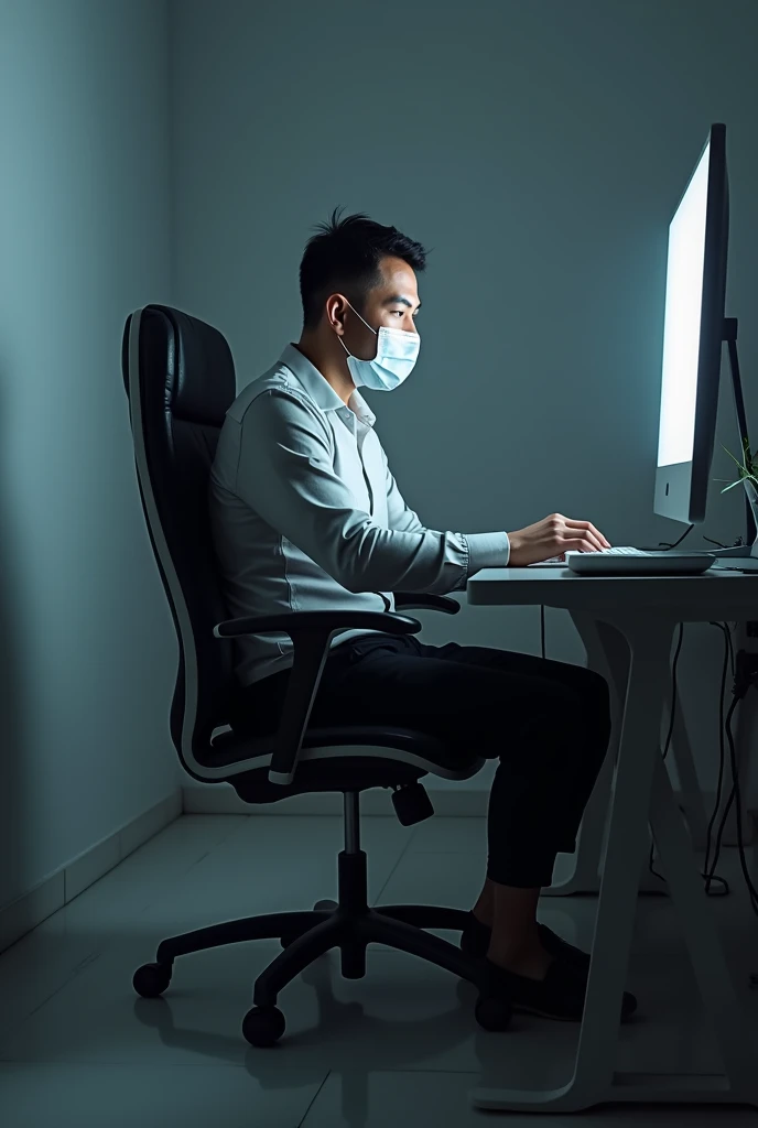 A photo of a 35-year-old Korean male IT company office worker blowing his nose