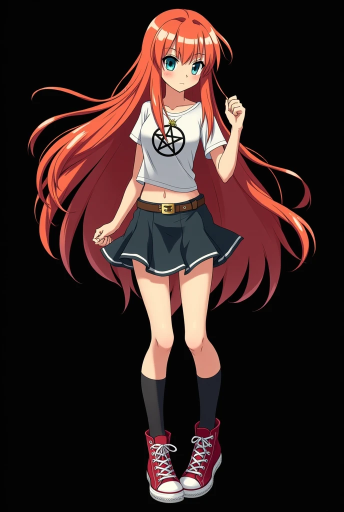 full image of an girl, personagem do anime "JUJUTSU KAİSEN", with long, straight, fire-colored hair with two white streaks highlighted in the front, framing your face, blue-green eyes and pale skin. she is a Wiccan, she is in fighting pose. she wears a pentagram necklace, tight skirt, beautiful women's high-top shoes and ¾-long socks. with animation by Gege Akutami, anime creator. black backdrop.