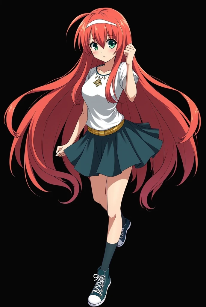 full image of an girl, personagem do anime "JUJUTSU KAİSEN", with long, straight, fire-colored hair with two white streaks highlighted in the front, framing your face, blue-green eyes and pale skin. she is a Wiccan, she is in fighting pose. she wears a pentagram necklace, tight skirt, beautiful women's high-top shoes and ¾-long socks. with animation by Gege Akutami, anime creator. black backdrop.