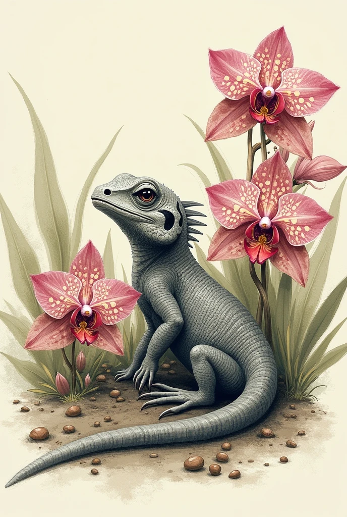 Create an illustration of a gray lizard with several freckled orchids, sketch style
