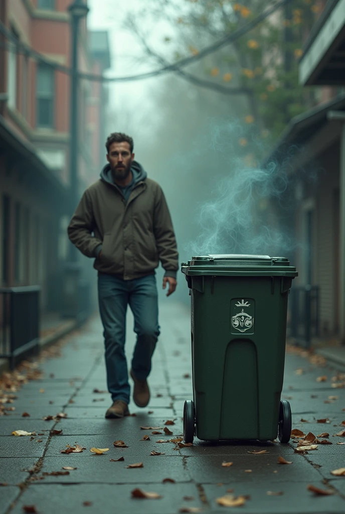 A man is walking, The man gets scared because suddenly a garbage can appeared next to him