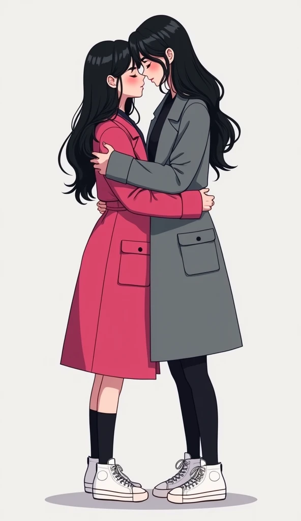 Two young women long black hair, yuri, same height.

The first young women wear a long hot pink coat, The second young women wore a long grey coat, they are wearing the black shirt, black pencil skirt, black underpants, long black tights, medium black socks, white nike sneakers high top, hugging, closed eyes, light grey background, cartoon novel, 4K, HD