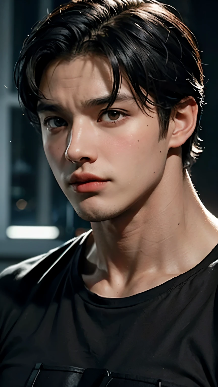 Young Bruce Wayne man black hair, big muscular body, black t-shirt, in dark room, close up face short