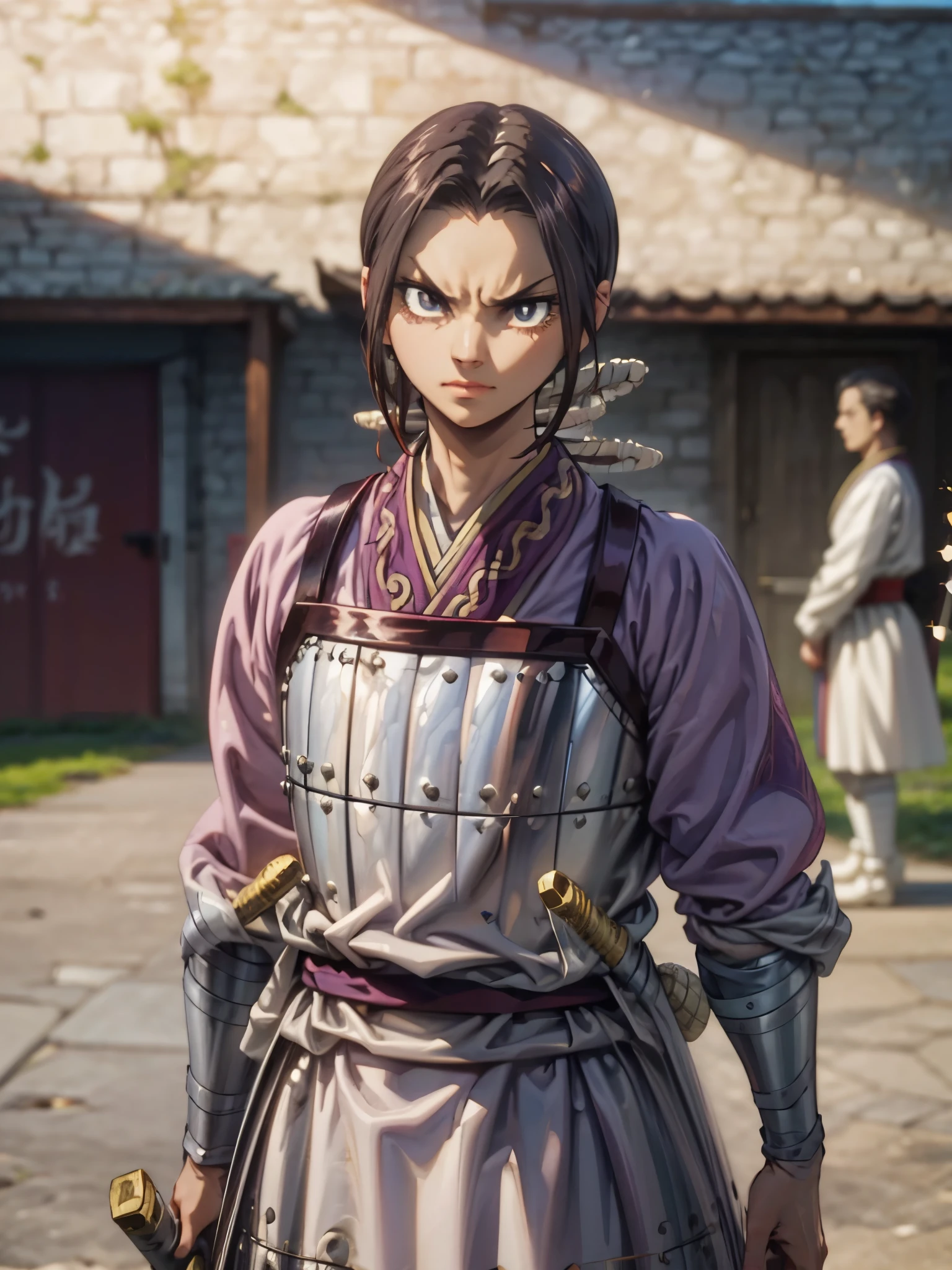 8k, Highly Detailed, Masterpiece, source_anime, best quality, beautifully detailed eyes and beautifully detailed hair, 1girl, solo, a character with fair skin, large expressive eyes, and dark brown hair styled in a neat  tied back, straight manner, sharp facial features face,  They are dressed in traditional warrior attire, consisting of a white robe with purple and gold accents, and silver armor plating on the chest and forearms. The character also wears a dark blue belt and has two swords sheathed at their sides. The overall design is detailed and emphasizes a historical or fantasy warrior theme. The background consists of a stone wall, adding a rustic and historical feel to the scene. The character's facial expression is serious and focused, suggesting determination or concentration, 