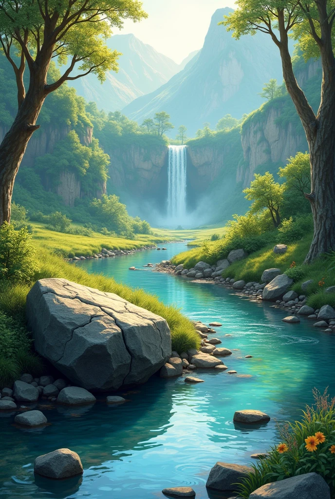 the stone beside of the stream. The morning sun is shining. The water falls is staying on the mountain a little bit far. A drawing vector landscape image.