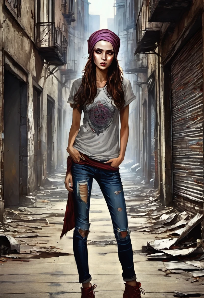 (good quality), (many details), (masterpiece), young girl with wild brown hair, a third eye on her forehead, vampiress, emaciated, good, at night, in an alley, torn jeans and old used t-shirt, headscarf, modern city