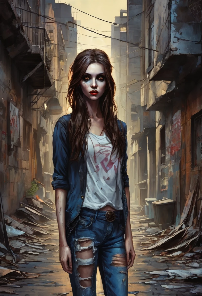 (good quality), (many details), (masterpiece), young girl with wild brown hair, a third eye on her forehead, vampiress, emaciated, good, at night, in an alley, torn jeans and old used t-shirt, headscarf, modern city