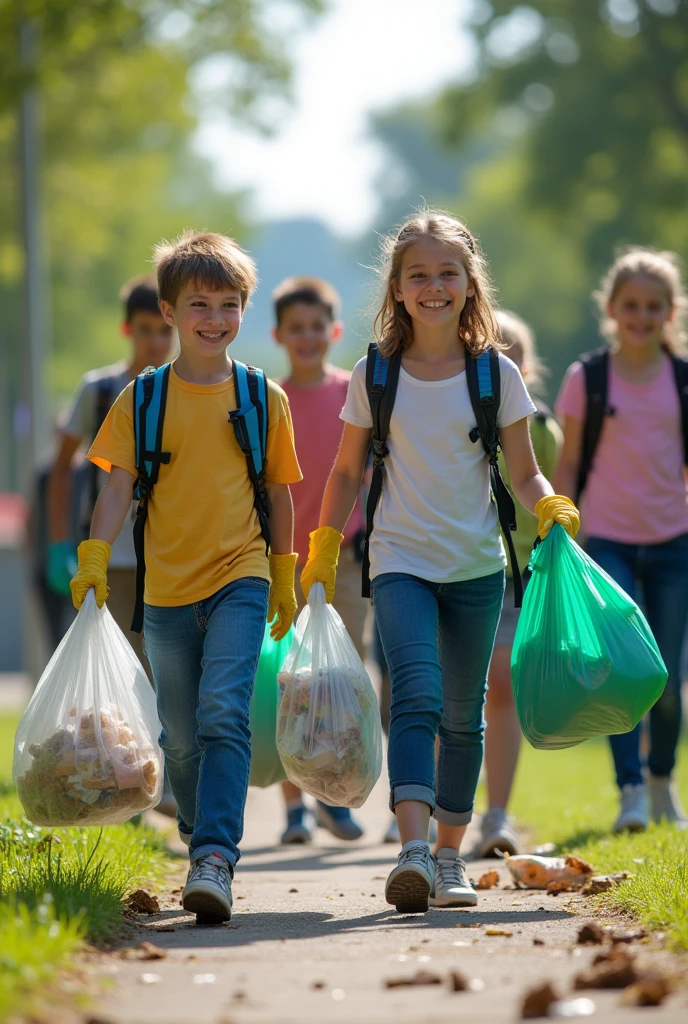 In this picture, Several students are seen walking through the school yard., each with gloves and garbage bags. They are collecting papers, Plastic bottles and other waste found on the ground. Students smile as they help keep the environment clean.