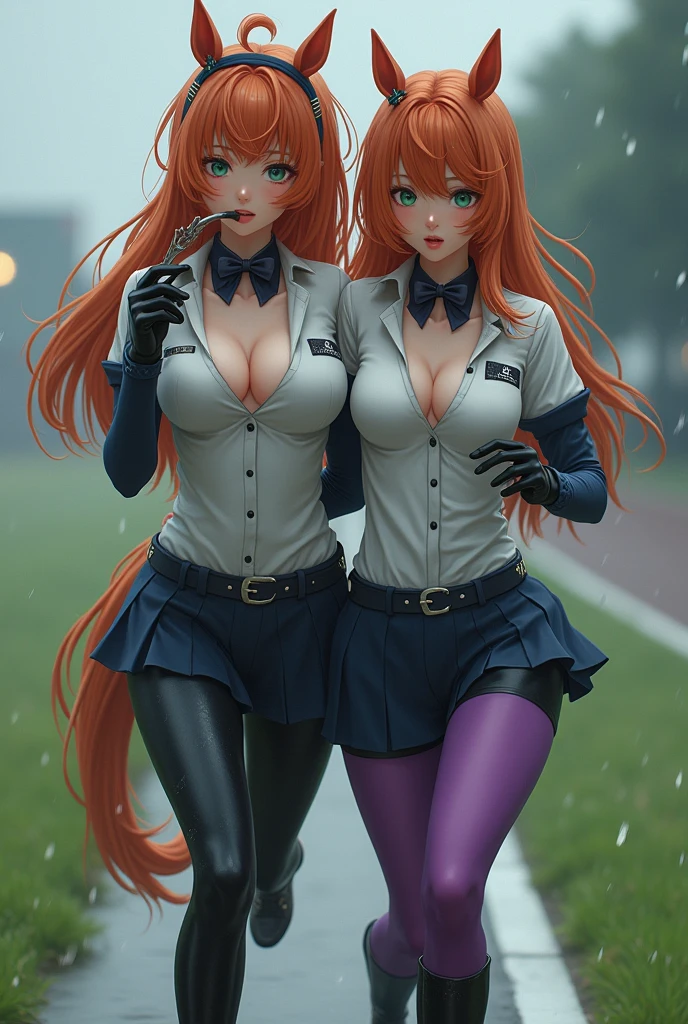 NSFW，sex，Copy Prompt (masterpiece:1.3), (8K, realistic, RAW photo, highest quality: 1.4), sharp focus: 1.2, beautiful woman with perfect body: 1.4, slim abdomen: 1.2, ((layered haircut)), (((huge breasts :1.4))), (No bra) (small and beautiful hard nipples), (thin, Damp buttons down the length of the shirt: 1.1), (rainで濡れた白いシャツ), (rain, street: 1.2), wet body: 1.1, Highly detailed face and skin texture, fine eyes, double eyelid,　crying face，masterpiece, highest quality,masterpiece,realistic, Two men and two women，Silence Suzuka (umamusume),Silence Suzuka(racing),Uma Musume,horse ears,horse tail,orange hair,green eyes,long hair,ear covers,hair band,black gloves,black bowtie,Layered sleeves,Purple pantyhose,asymmetrical footwear,hugging each other，on grass, outdoor,running,speed line, From the side, strict, racing, angel wings,Exposed chest，Sucking a penis in your mouth， dripping from the mouth，