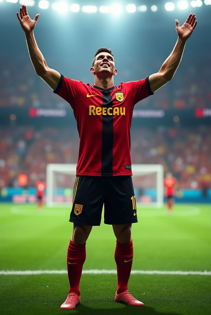 a character of 1.90 football player celebrating a goal wearing a Flamengo shirt