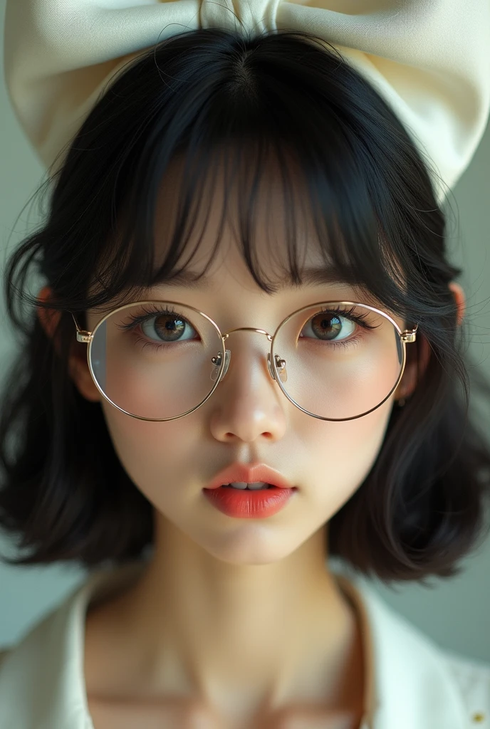 a girl with medium-length black hair with korean bangs, glasses, and a large white hair bow, detailed portrait, beautiful detailed eyes, beautiful detailed lips, extremely detailed eyes and face, long eyelashes, high fashion, elegant, intricate details, cinematic lighting, warm color palette, soft focus, photorealistic, 8k, best quality, masterpiece, highly detailed