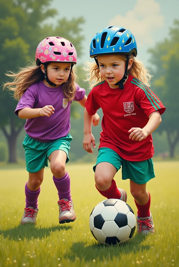 A modern realistic oil painting of girls aged three and four playing soccer wearing bike helmets. One team is wearing green shorts and pink shirts with green stripes, and the other team is wearing red and blue soccer uniforms. The scene includes a girl with blonde hair in a red and blue uniform and a blue helmet with lightning bolts kicking the ball, and a girl with brown hair in a purple goalkeeper's outfit and a pink flowery bike helmet.