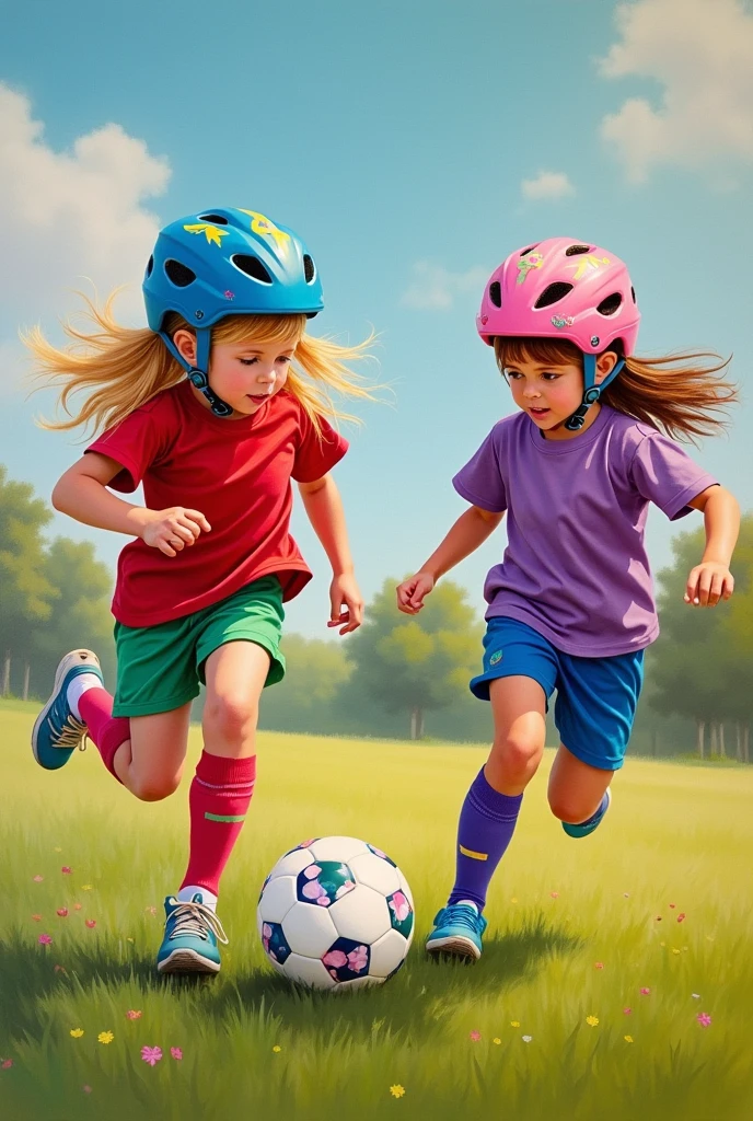 A modern realistic oil painting of girls aged three and four playing soccer wearing bike helmets. One team is wearing green shorts and pink shirts with green stripes, and the other team is wearing red and blue soccer uniforms. The scene includes a girl with blonde hair in a red and blue uniform and a blue helmet with lightning bolts kicking the ball, and a girl with brown hair in a purple goalkeeper's outfit and a pink flowery bike helmet.