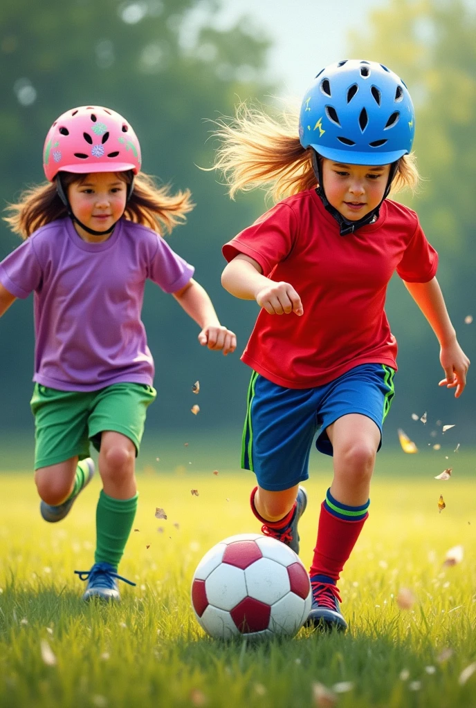 A modern realistic oil painting of girls aged three and four playing soccer wearing bike helmets. One team is wearing green shorts and pink shirts with green stripes, and the other team is wearing red and blue soccer uniforms. The scene includes a girl with blonde hair in a red and blue uniform and a blue helmet with lightning bolts kicking the ball, and a girl with brown hair in a purple goalkeeper's outfit and a pink flowery bike helmet.