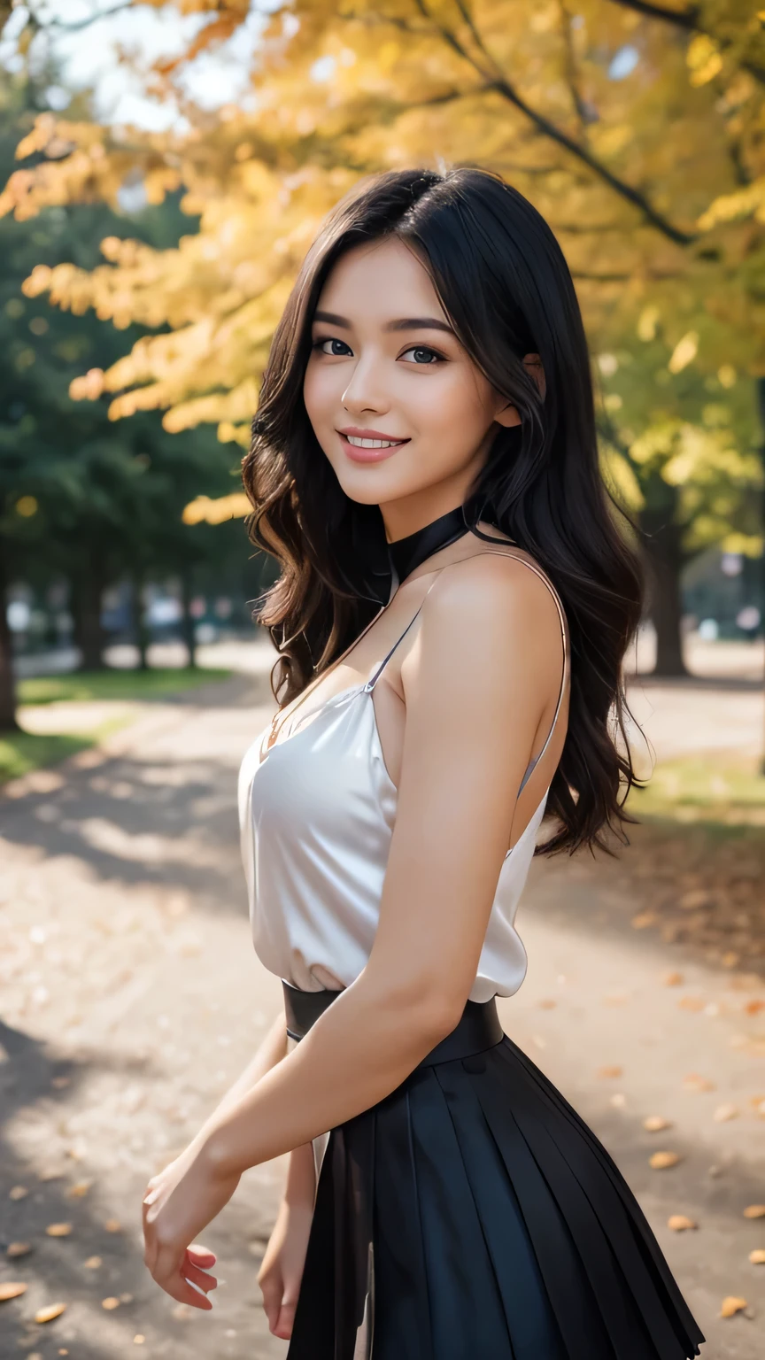 (masterpiece, Highest quality, Realistic, Very detailed, In detail, High resolution, 8k wallpaper), Beautiful woman close-up, Standing on the shore of a lake, necklace, smile, Light brown messy long hair, Wearing a black business suit, White color see-through blouse, A blouse worn directly against the skin without underwear,Blouse unbuttoned to the chest,See-through chest,Exposed breasts,tight short skirt, Large Breasts, Perfect dynamic composition, Beautiful details, Detailed Hair, Detailed and realistic skin texture, Fashion magazine cover, Professional photography, ,xx mix_1girl