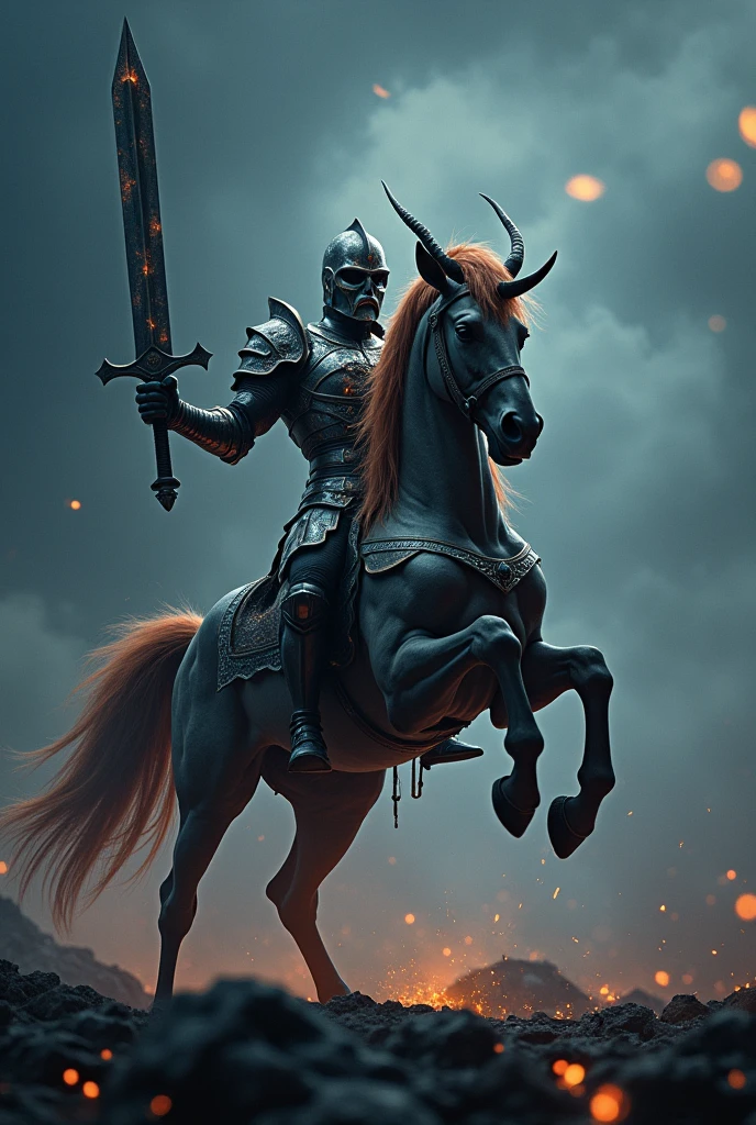 silhouette of a Centaur, Centaur-type warrior, Armor, Bouncing Pose, sword shines, battlefield, sparks, Backlight, Dark Night, (best quality, masterpiece, photorealistic), very aesthetic, perfect composition, intricate details, ultra-detailed, vivid colors