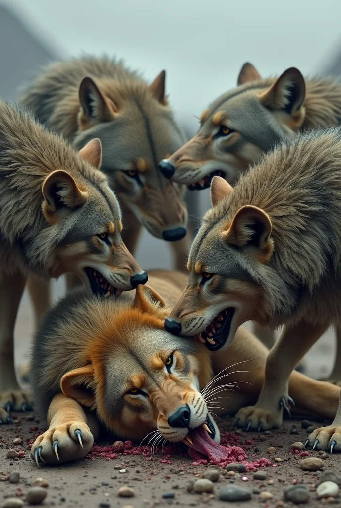 Wolves devouring a finished lion