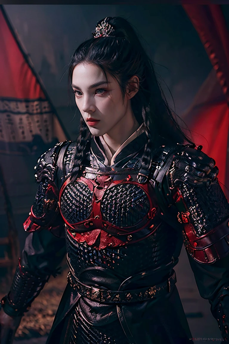 a man with long black braided hair and black eyes wearing black and red Chinese skin armor over traditional clothes, blood red tones, bringing power and danger to the image, he has a thin and imposing beard and has expressions of older age, man older with beard (best quality, 4k, 8k, high resolution, art - prime: 1.2), ultra detailed, (realistic, photorealistic, photorealistic: 1.37), extremely detailed eyes and face, long eyelashes, black armor details Intricate, traditional Chinese robes, flowing hair, black and red color palette, powerful and serene expression, dramatic lighting, cinematic composition, award-winning digital art
