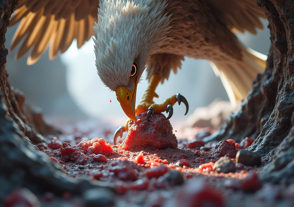 The camera is inside the body of a prey, through the camera you can see parts of the prey like a frame, Inside the prey you can see the Golden Eagle feeding on the remains of this prey. with the powerful bird of prey tearing flesh with its sharp beak and claws. The eagle&#39;s golden feathers stand out against the rich red tones of the fox&#39;s fur, and the intense focus on the eagle&#39;s eyes adds dramatic tension to the scene.
