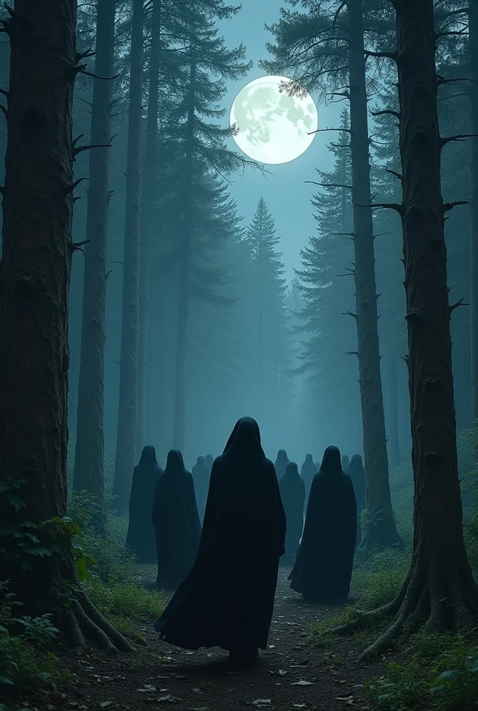 Can you create a photo of a forest for me?, It's night, the full moon is visible, The trees are tall and big, There are men and women, The women are dressed in black cloaks, These are dancing, and the men are hidden among the trees, They are afraid of women because they don't know that they know them.
