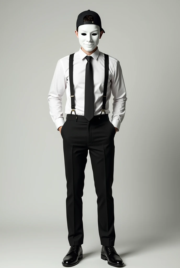 Make a boy who is 175 CM tall, wear a black cap backwards a white dress shirt with black suspenders, with black tie, black dress pants, black dress shoes, and wear a white comedy mask. A little more adult