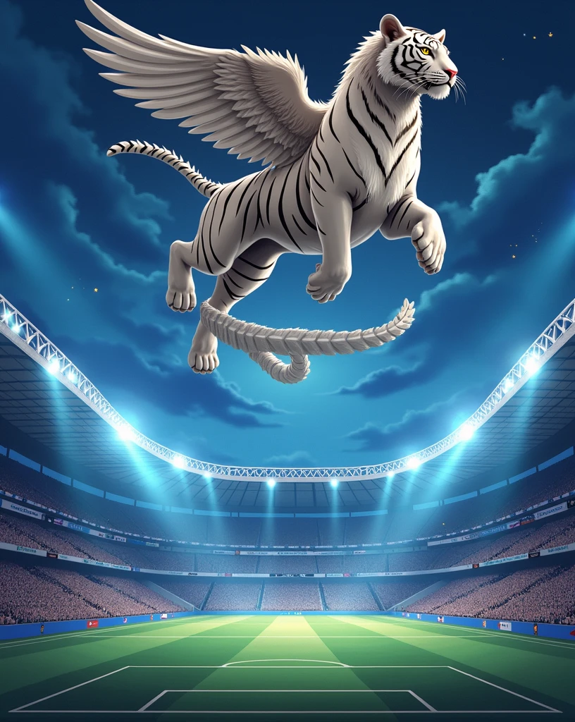 Make me a flyer with a football stadium in the background and a beautiful blue night sky with a white tiger on top of the stadium