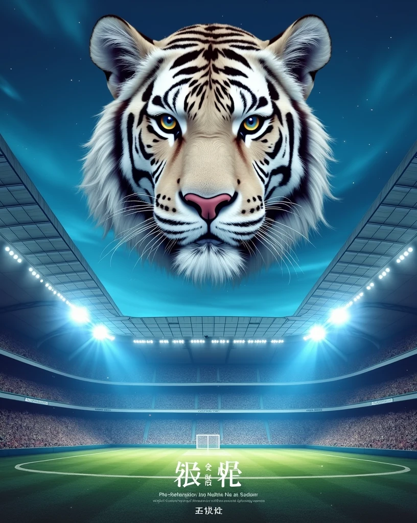 Make me a flyer with a football stadium in the background and a beautiful blue night sky with a white tiger on top of the stadium