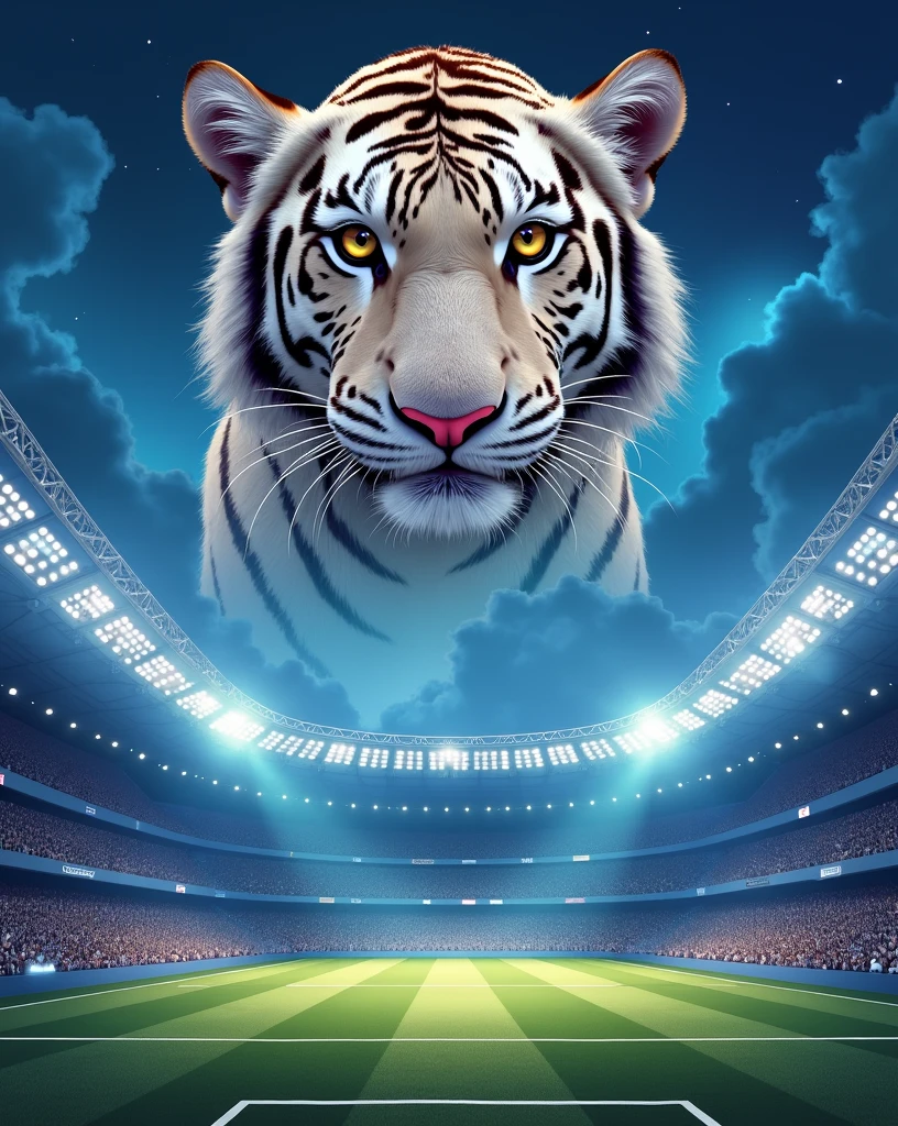 Make me a flyer with a football stadium in the background and a beautiful blue night sky with a white tiger on top of the stadium
