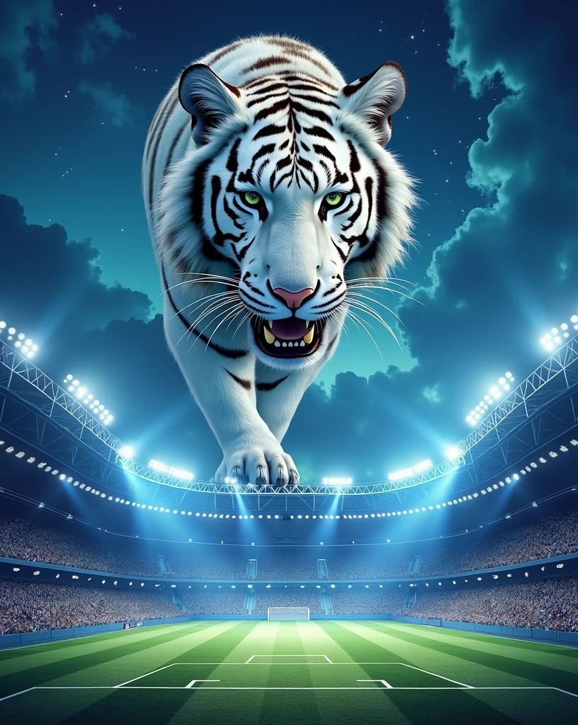 Make me a flyer with a football stadium in the background and a beautiful blue night sky with a white tiger on top of the stadium