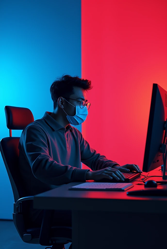 The man sit in the chair whit mask work in pc
And blue and red background