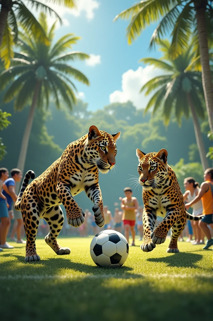 Jaguars playing soccer with humans