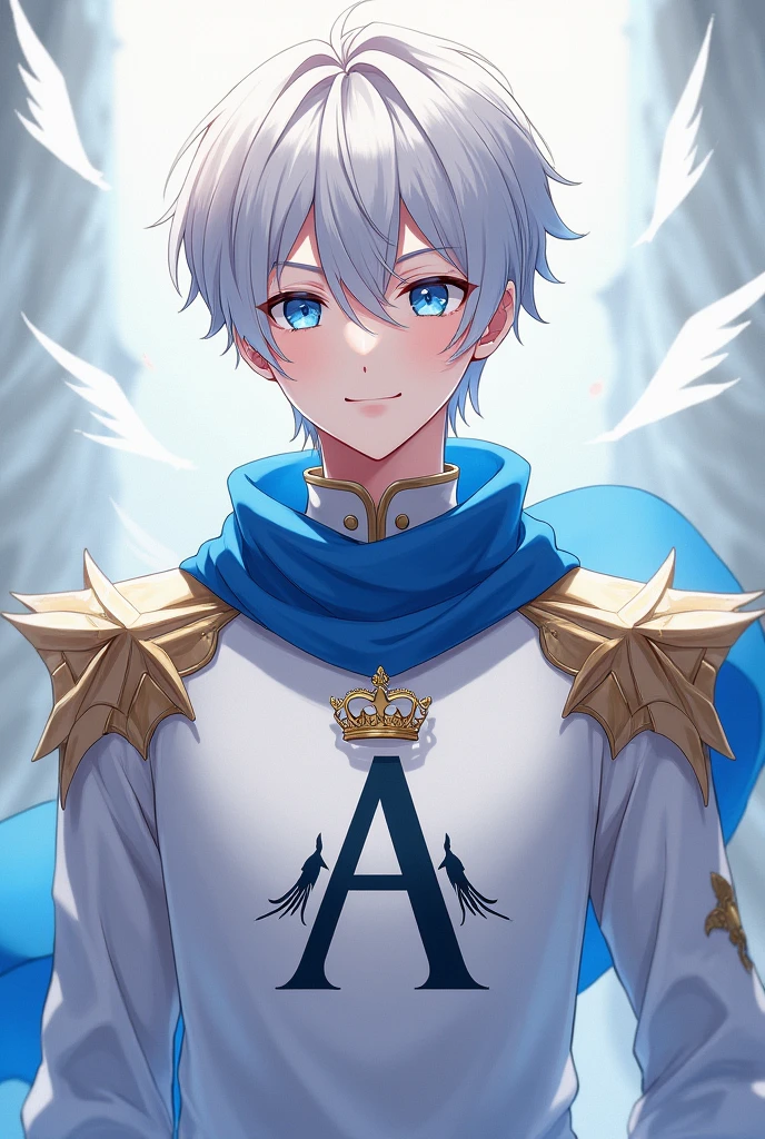 Make a male anime character with short white hair blue eyes male smiling with a blue scarf white shirt with the letter A printed on the shirt with wings on the side of the letter A and a crown on top of the letter A 