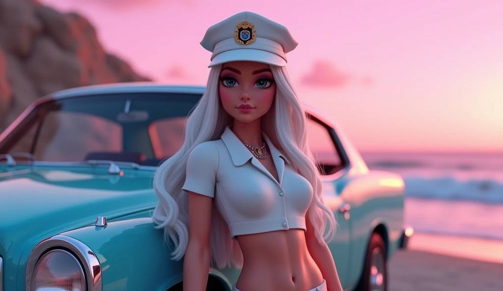 Beautiful tall square Roblox female doll, with white long hair and white police cap, white short blouse and no lips, Caucasian skin, no mouth, and beautiful body with thin stomach, leaning on a classic car, no lips, no mouth (cartoon), Vice City GTA, stone mountain background on the beach with pink sky