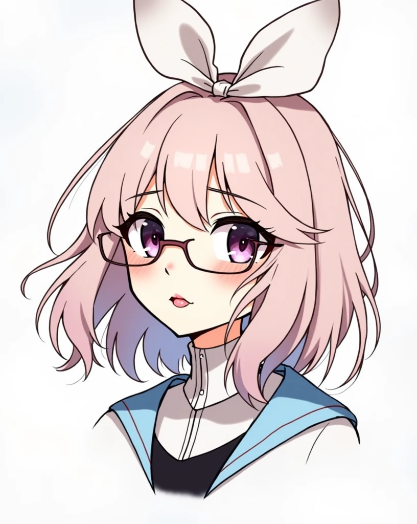 a girl with medium-length black hair with korean bangs, glasses, and a large white hair bow, detailed portrait, beautiful detailed eyes, beautiful detailed lips, extremely detailed eyes and face, long eyelashes, high fashion, elegant, intricate details, cinematic lighting, warm color palette, soft focus, photorealistic, 8k, best quality, masterpiece, highly detailed