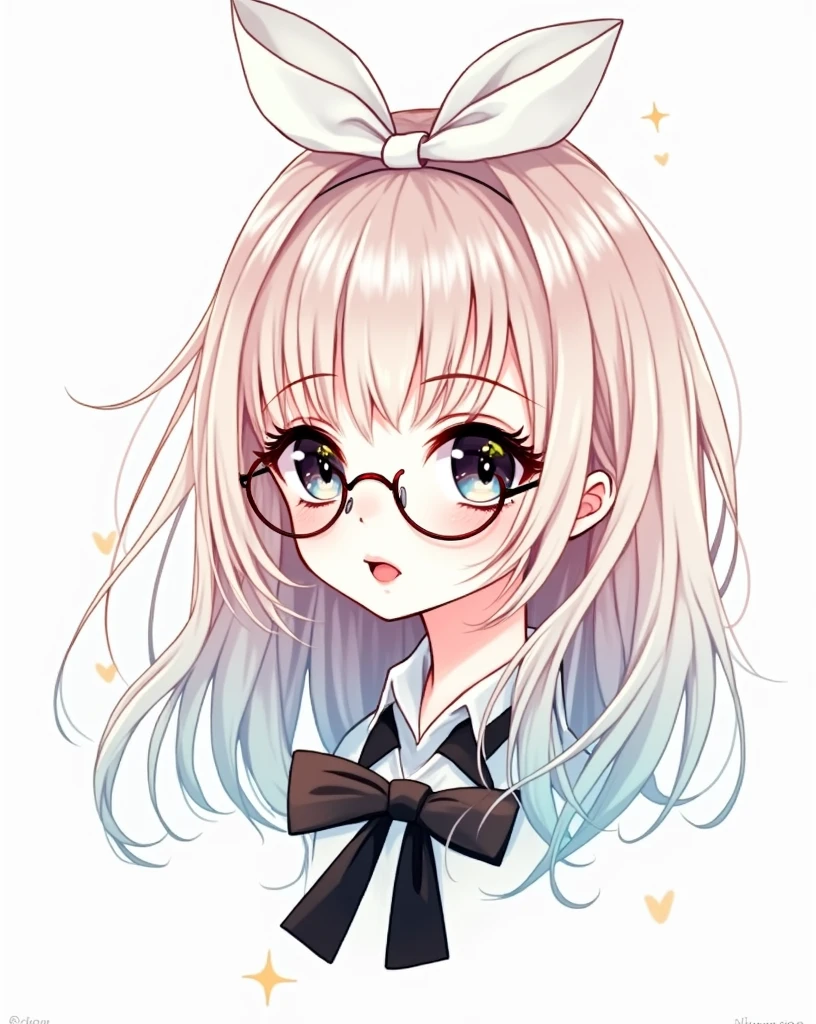a girl with medium-length black hair with korean bangs, glasses, and a large white hair bow, detailed portrait, beautiful detailed eyes, beautiful detailed lips, extremely detailed eyes and face, long eyelashes, high fashion, elegant, intricate details, cinematic lighting, warm color palette, soft focus, photorealistic, 8k, best quality, masterpiece, highly detailed