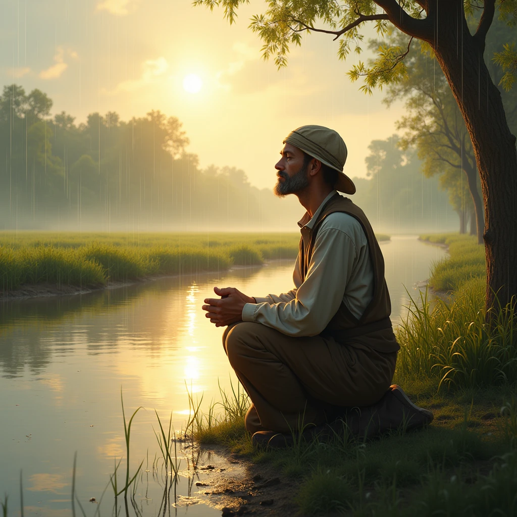 Illustrate a farmer kneeling in prayer by a riverbank at dawn, with hands clasped and eyes closed. The river reflects the soft light of the morning sun, and in the background, a gentle rain begins to fall on the fertile land, symbolizing trust and waiting for God’s timing.
