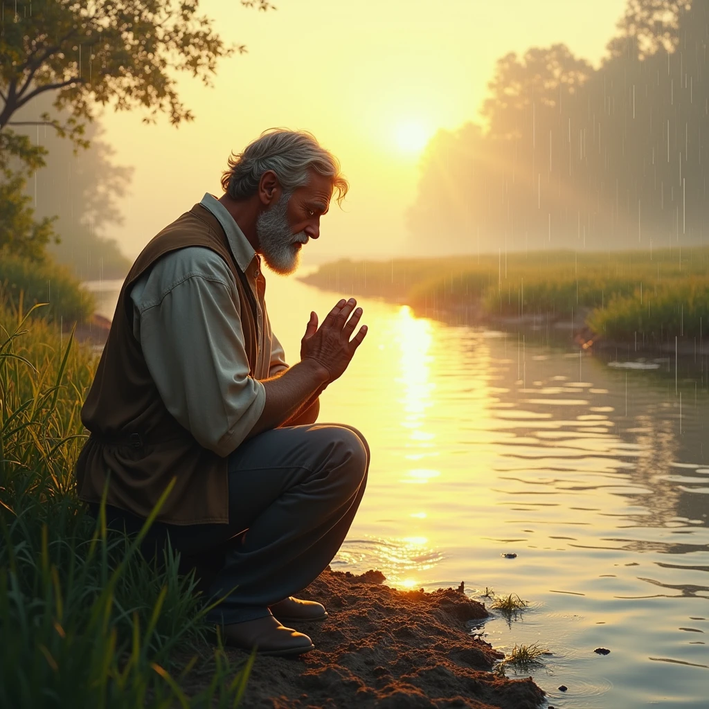 Illustrate a farmer kneeling in prayer by a riverbank at dawn, with hands clasped and eyes closed. The river reflects the soft light of the morning sun, and in the background, a gentle rain begins to fall on the fertile land, symbolizing trust and waiting for God’s timing.