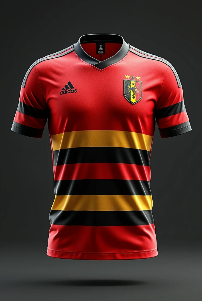 In high quality, a Belgium national team shirt, an exclusive model with the adidas logo and the current Belgium logo. Retro old model 2010, red, black and yellow with horizontal stripes with the original Belgium logo.