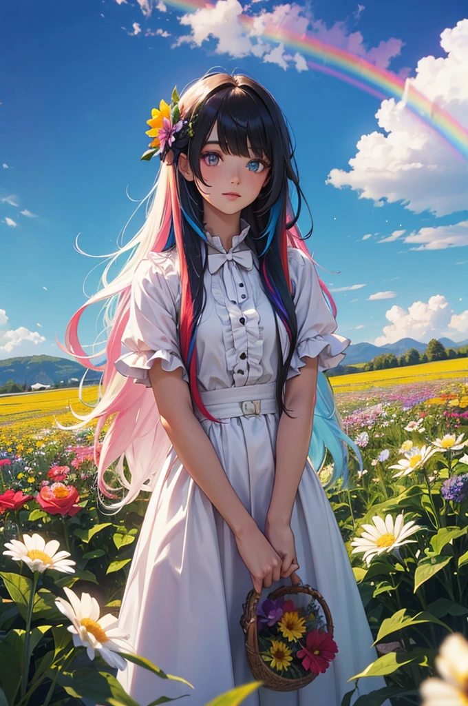 Long-haired rainbow-colored girl, heterochromia, upper body, flower field, big flower